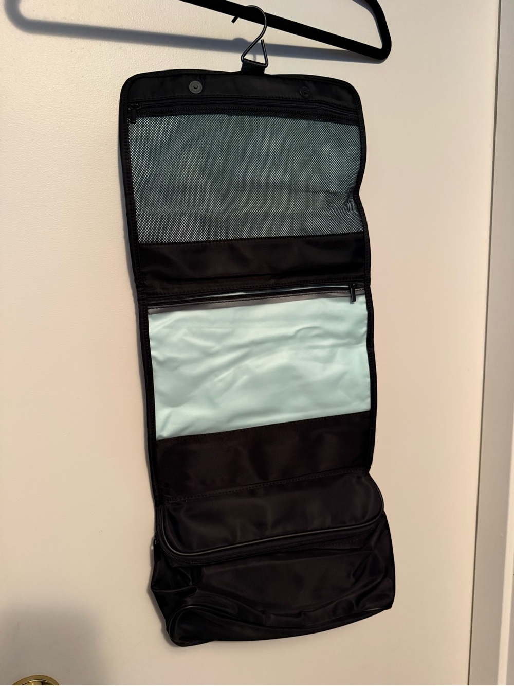 Men's Hanging Toiletry Bag in Black with Light Blue Interior